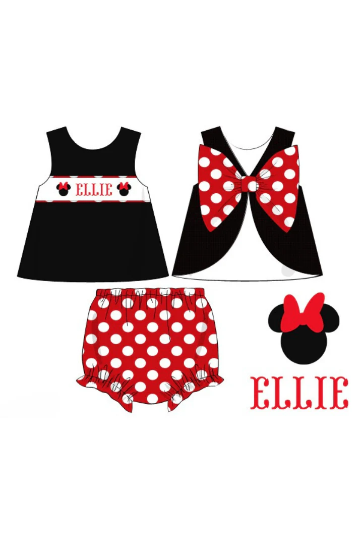 Pre-Order Custom Name Smocked Mouse Red and Black Polka Dot Bow Bloomer Set
