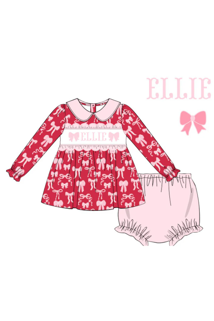 Pre-Order Custom Name Smocked Red and Pink Bow Bloomer Set