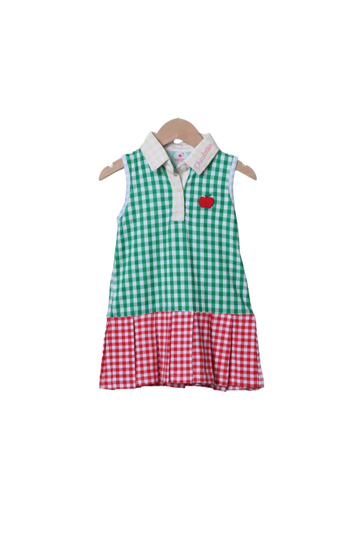 Embroidered Apple Color Block Gingham Tennis Dress