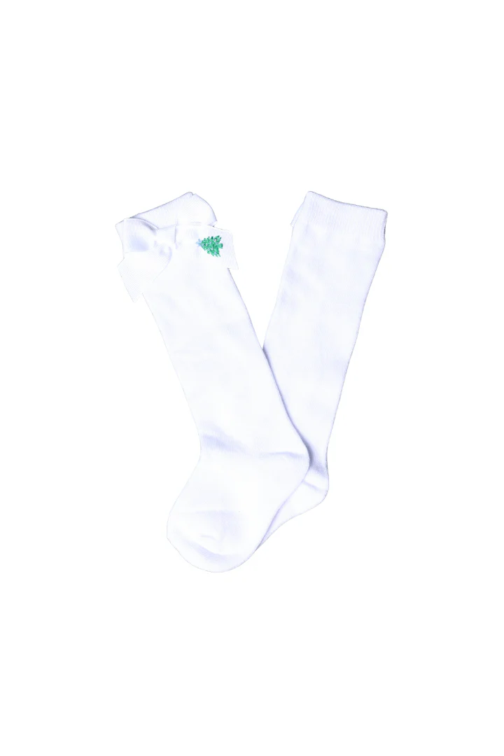 Embroidered Blue Christmas Tree Bow Socks