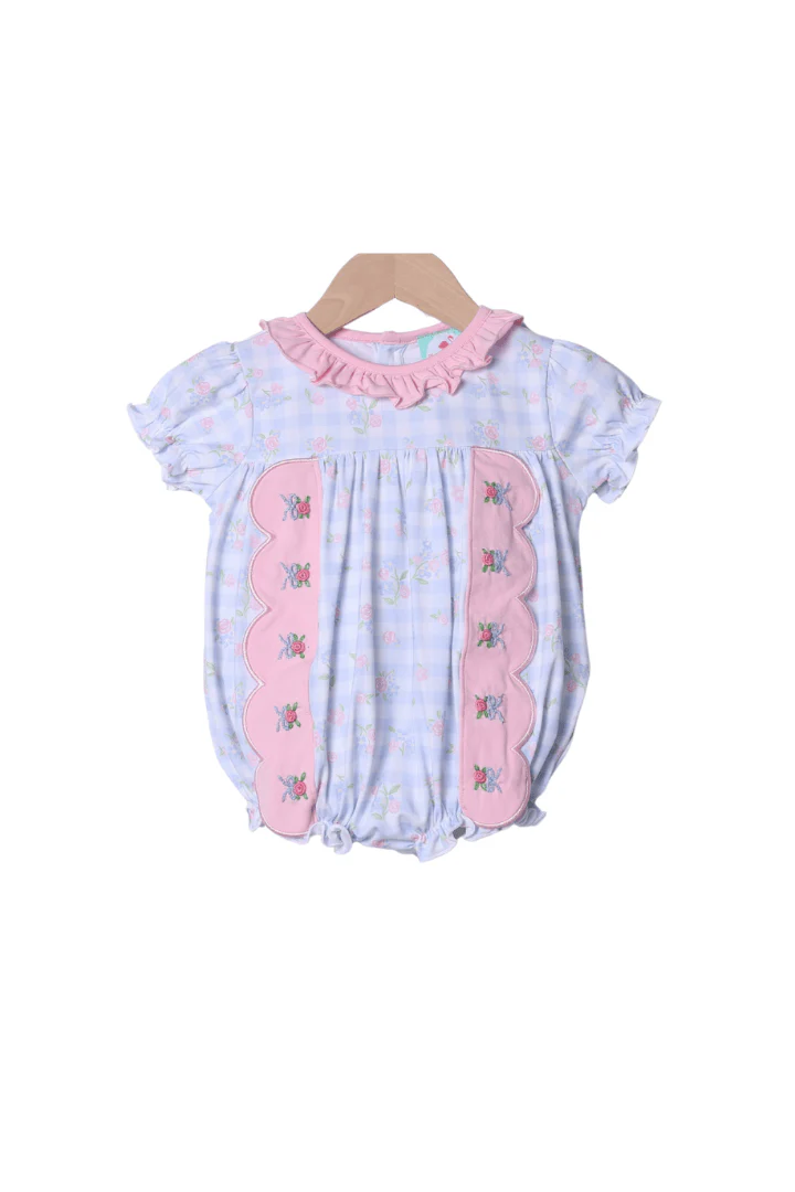 Embroidered Blue Gingham Floral Scalloped Bubble
