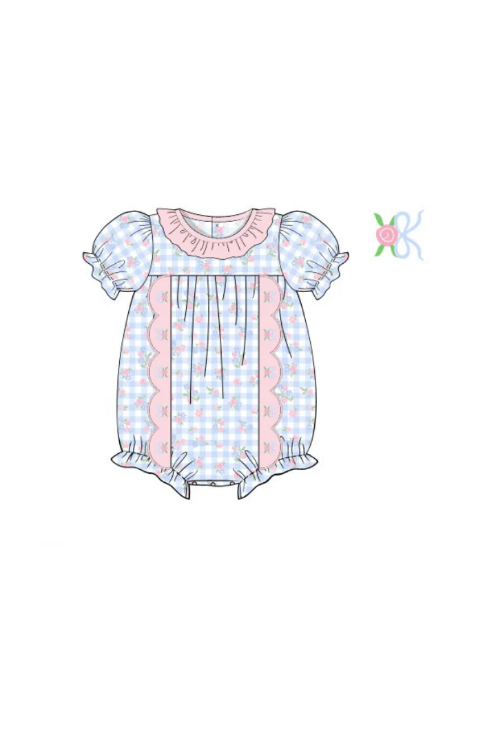 Embroidered Blue Gingham Floral Scalloped Bubble - Image 2