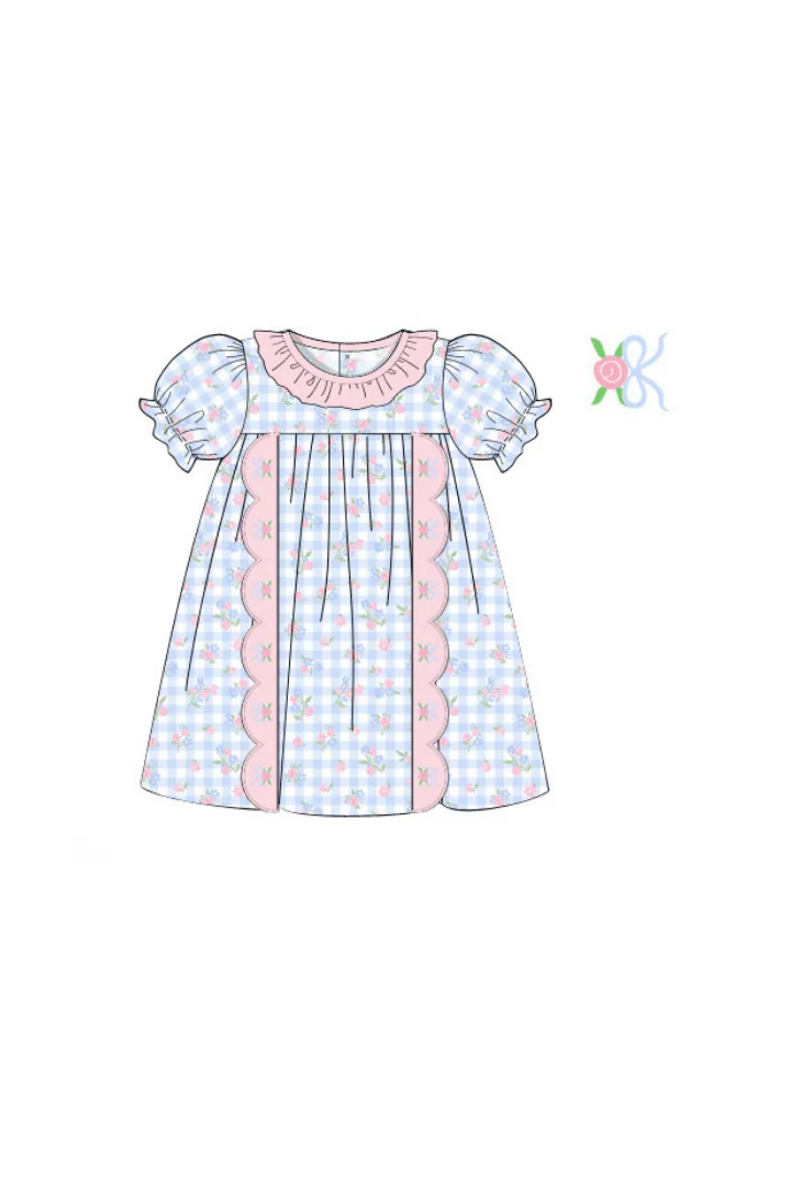 Embroidered Blue Gingham Floral Scalloped Dress - Image 2