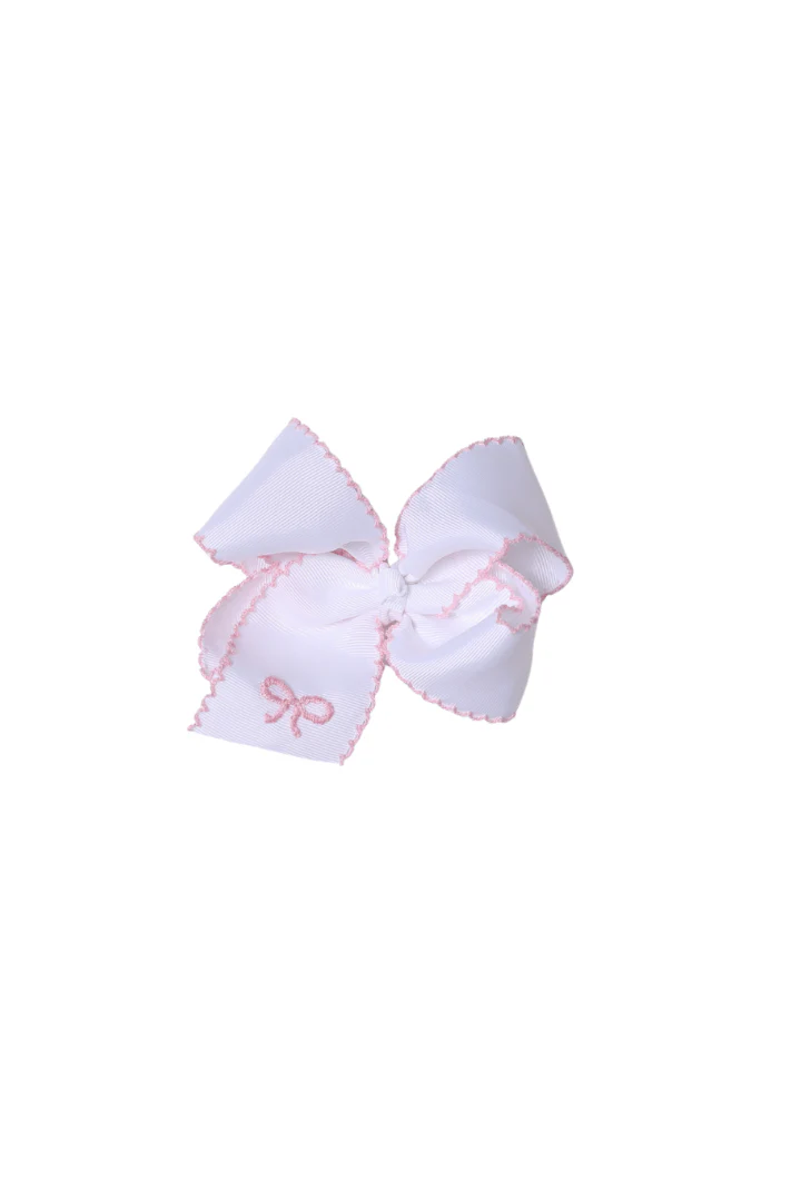 Embroidered Bow Scalloped Edge Grosgrain Bow White/Pink