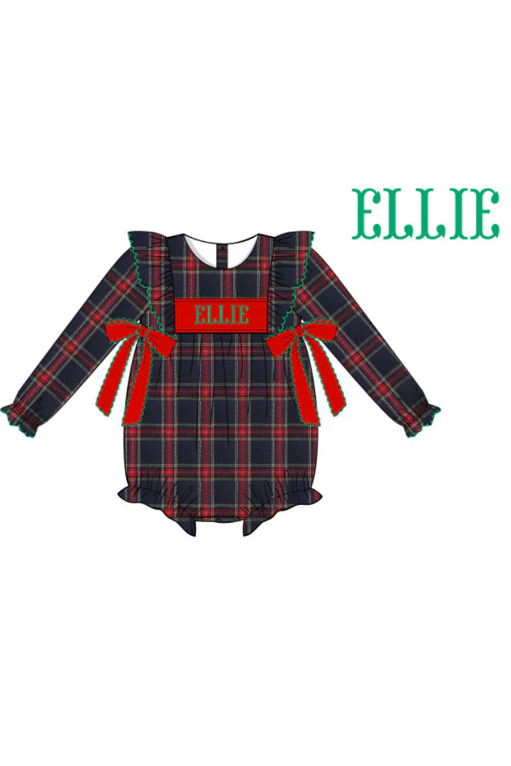Pre-Order Hand Smocked Custom Name Navy Tartan Bow Bubble