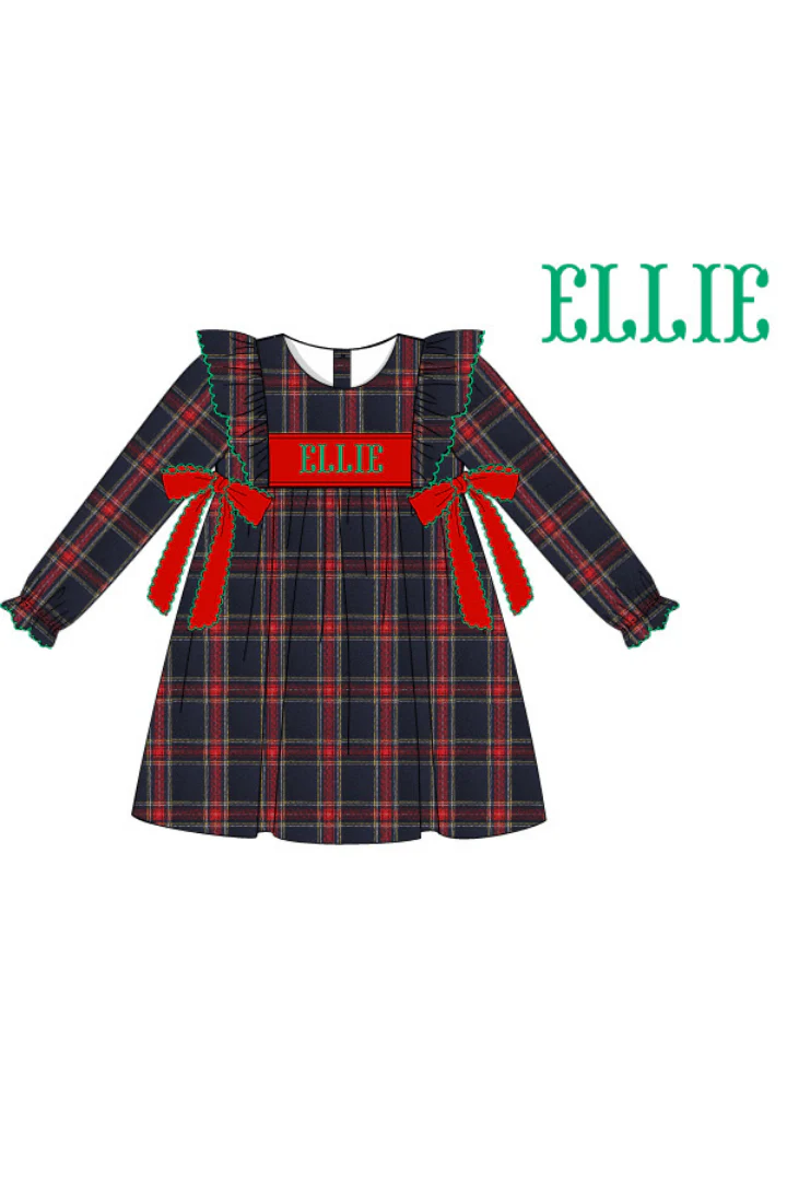 Pre-Order Hand Smocked Custom Name Navy Tartan Bow Dress