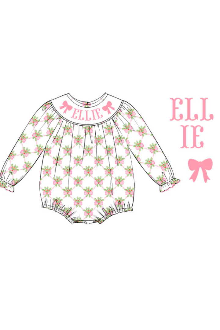 Pre-Order Hand Smocked Custom Name Sweet Holly Pink Bubble