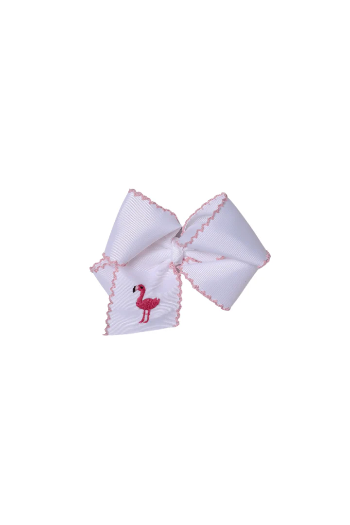 Embroidered Flamingo Scalloped Edge Grosgrain Bow White/Pink