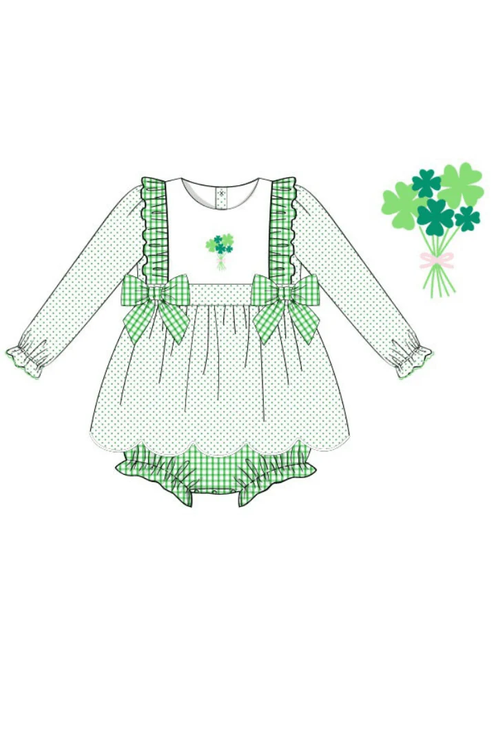 Embroidered Four Leaf Clover Swiss Dot Scalloped Skirted Bubble - Image 2