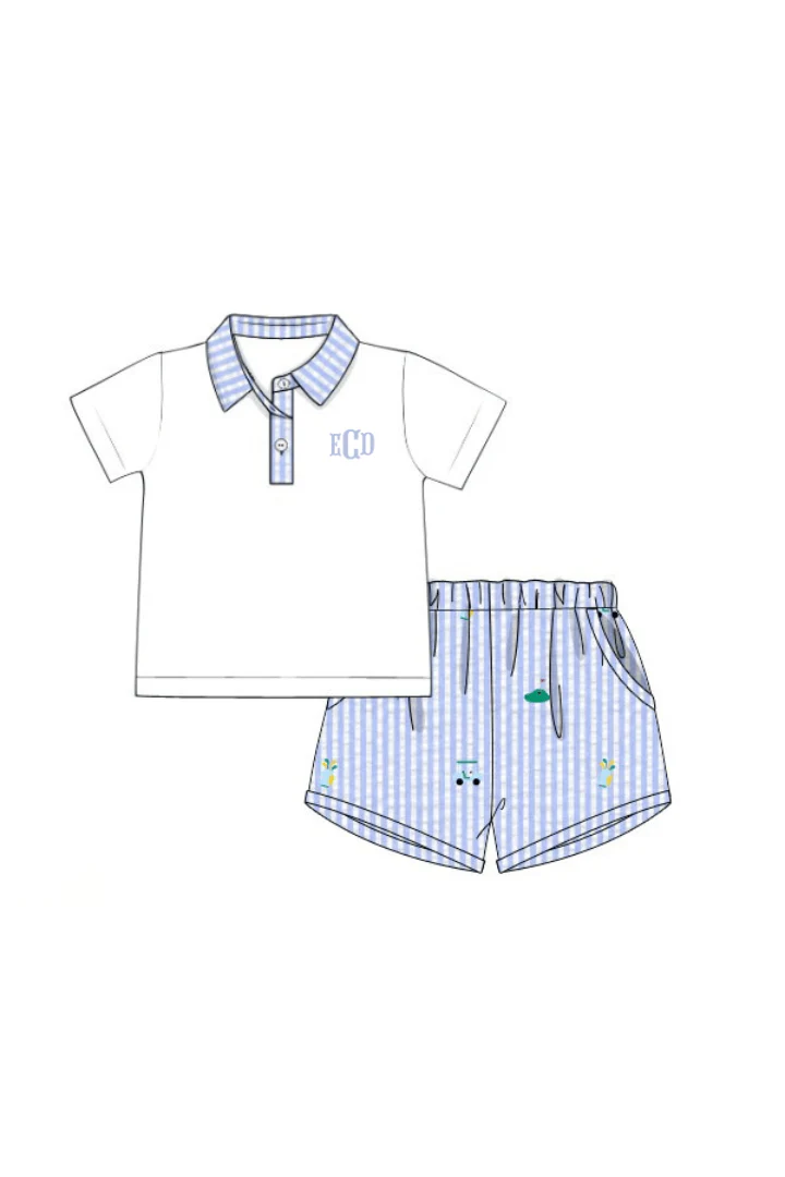 Embroidered Golf Blue Seersucker Short Set - Image 3