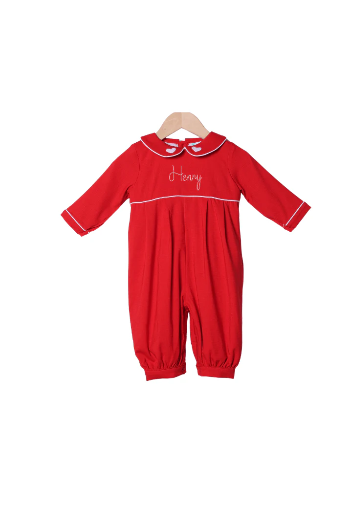 Embroidered Heart Red Linen Romper