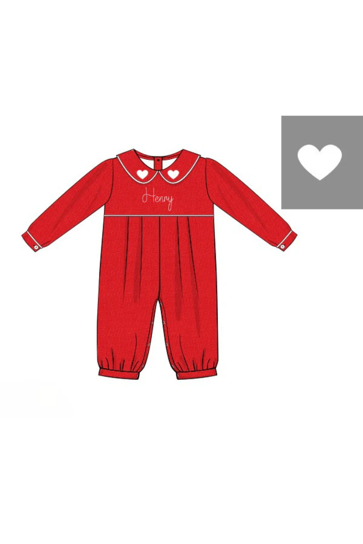 Embroidered Heart Red Linen Romper - Image 2