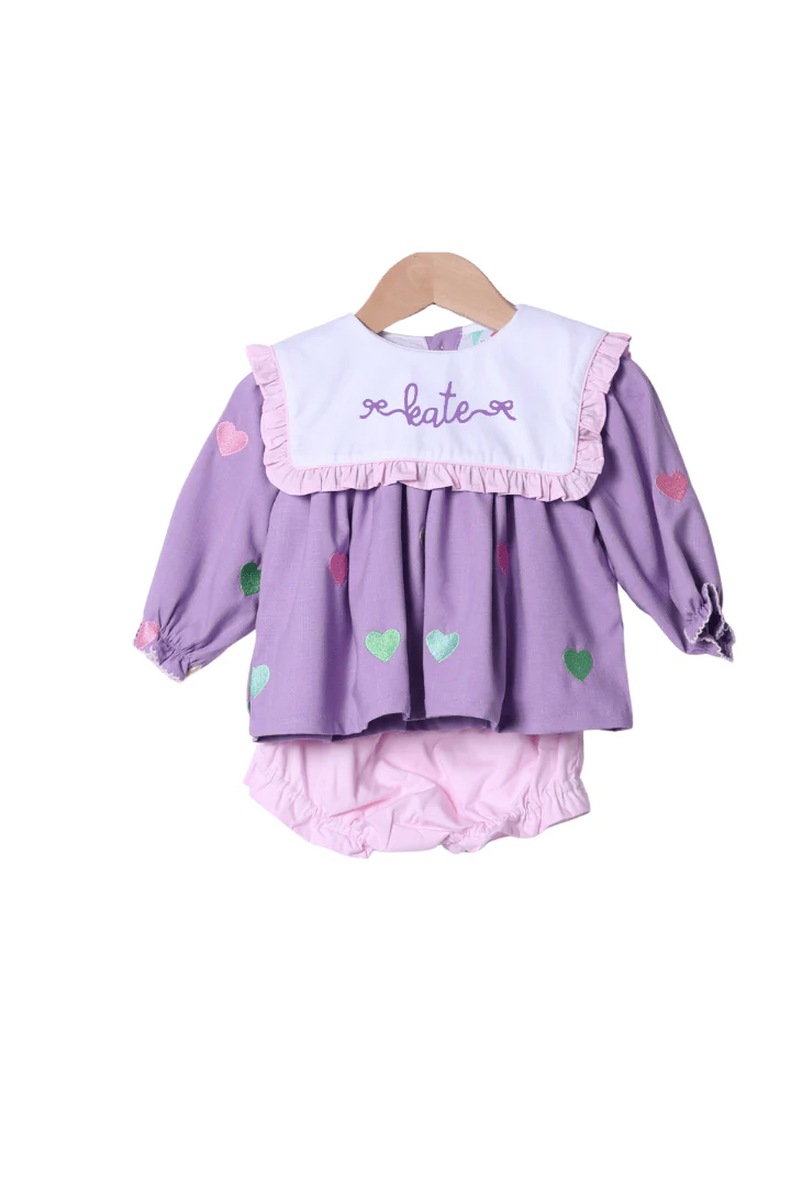 Embroidered Hearts Lavender Linen Ruffle Bloomer Set