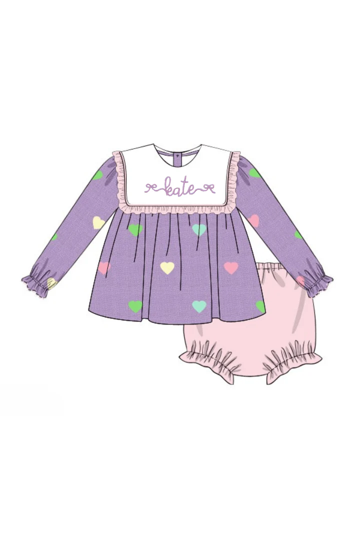 Embroidered Hearts Lavender Linen Ruffle Bloomer Set - Image 2