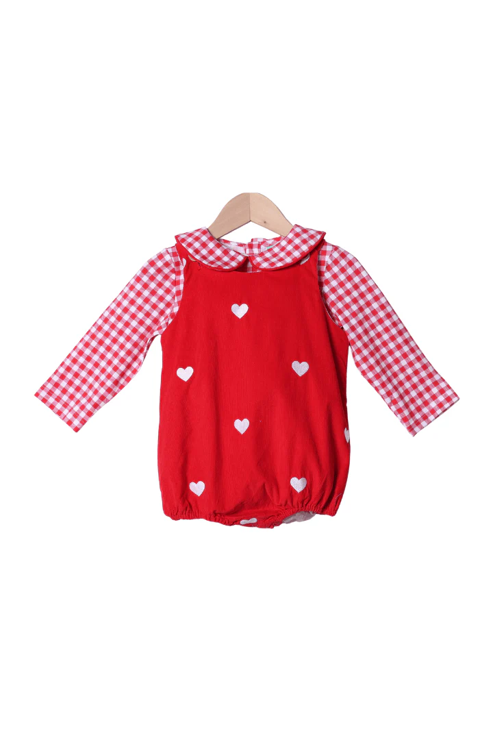 Embroidered Hearts Red Corduroy 2 Pcs Bubble Set