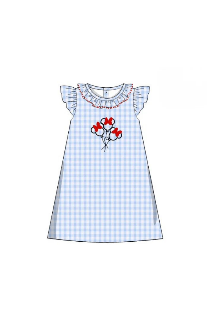 Embroidered Magical Balloon Blue Gingham Ruffle Dress - Image 2