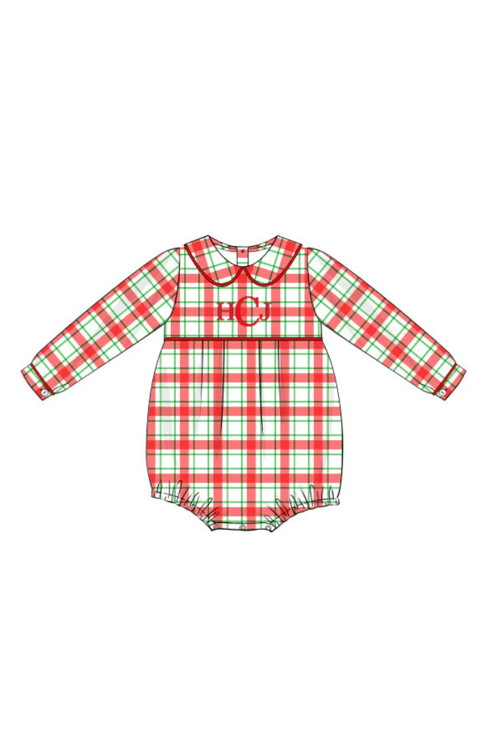 Pre-Order Embroidered Monogram Red/Green Plaid Bubble