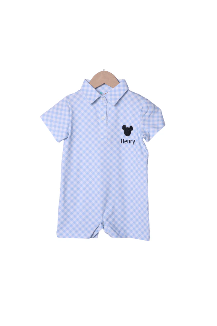 Embroidered Mouse Blue Gingham Polo Romper