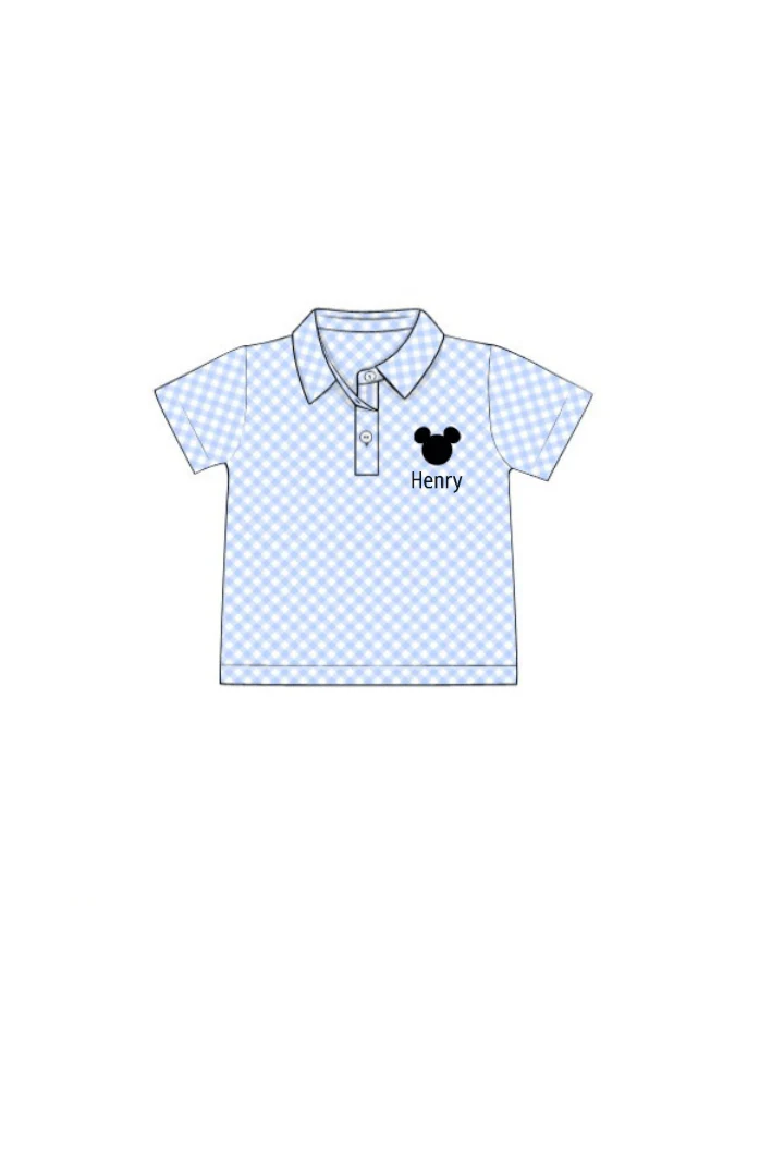 Embroidered Mouse Blue Gingham Polo Shirt - Image 2