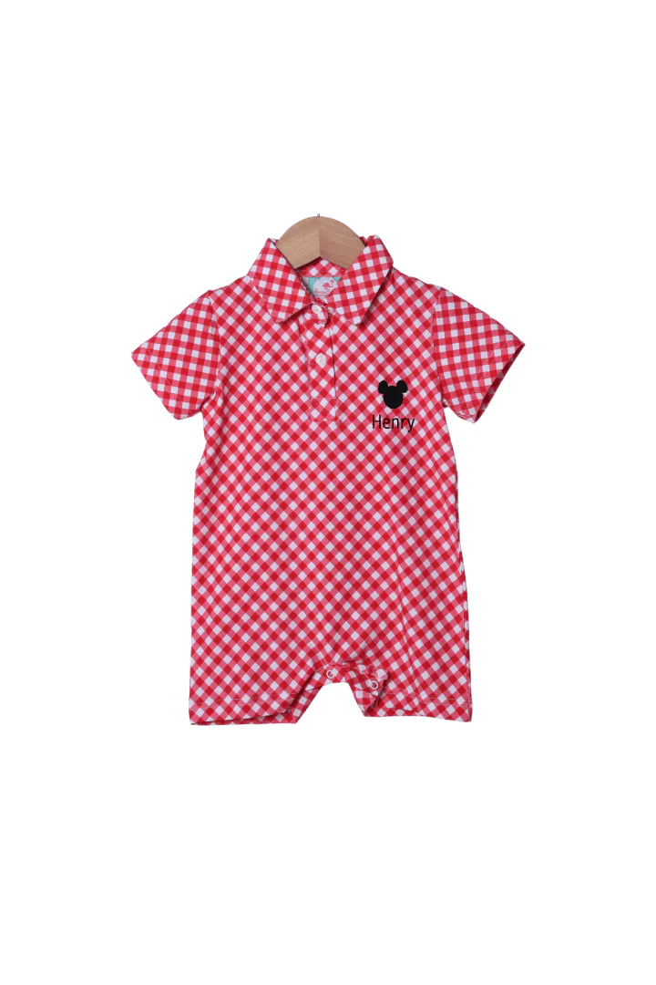 Embroidered Mouse Red Gingham Polo Romper