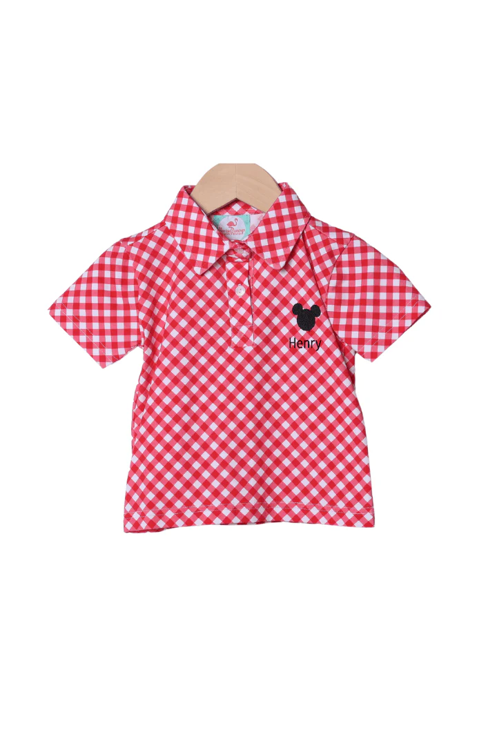 Embroidered Mouse Red Gingham Polo Shirt