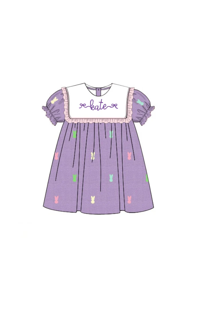 Embroidered Peep Lavender Linen Bib Dress - Image 2
