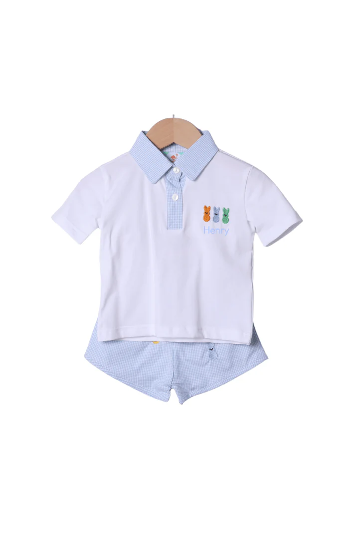 Embroidered Peeps Baby Blue Gingham Polo Short Set