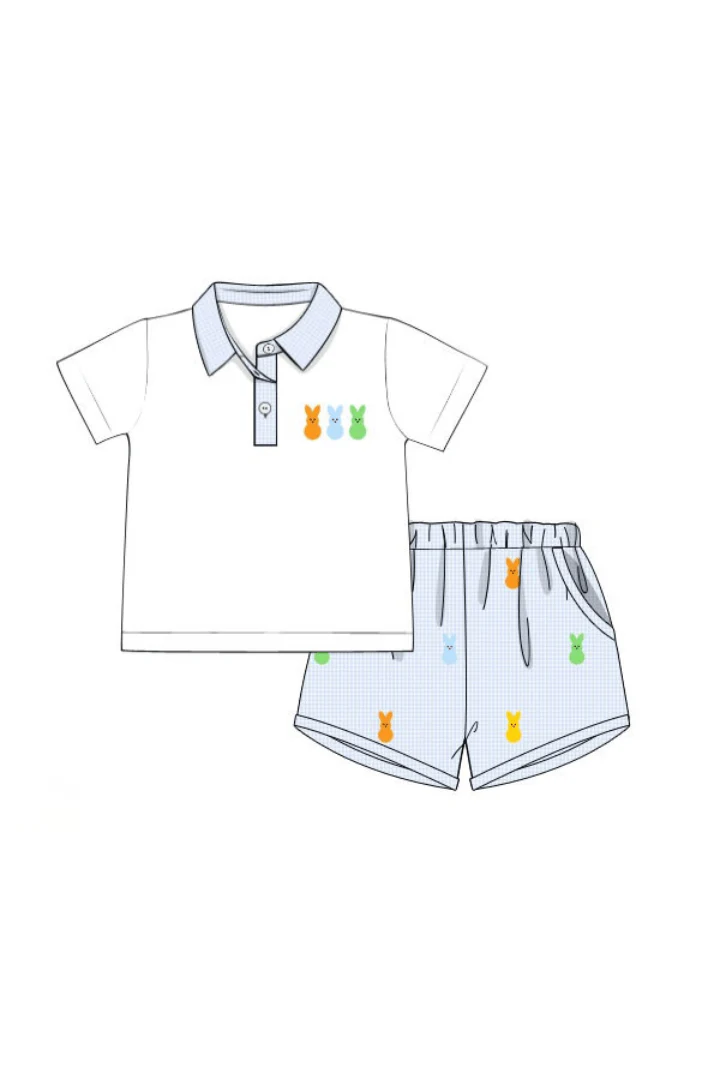 Embroidered Peeps Baby Blue Gingham Polo Short Set - Image 4
