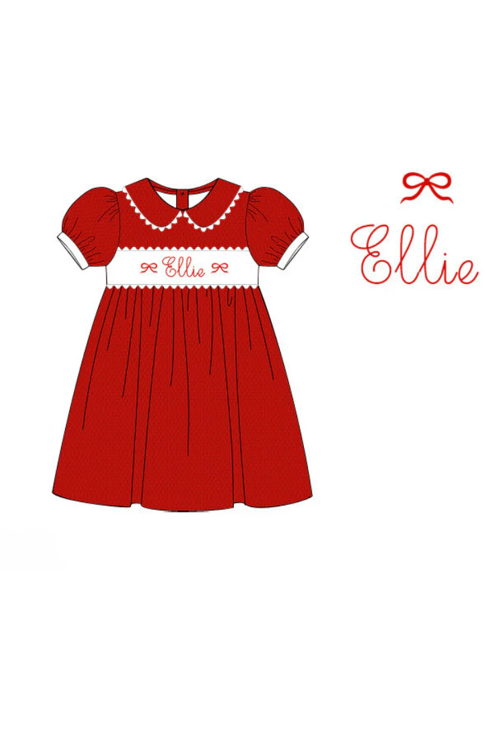 Pre-Order Embroidered Custom Name Red Honeycomb Bow Dress