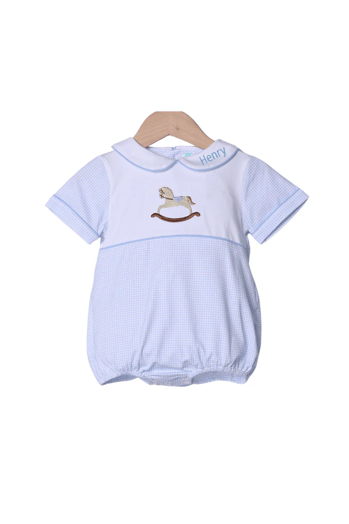Embroidered Rocking Horse Blue Gingham Knit Bubble