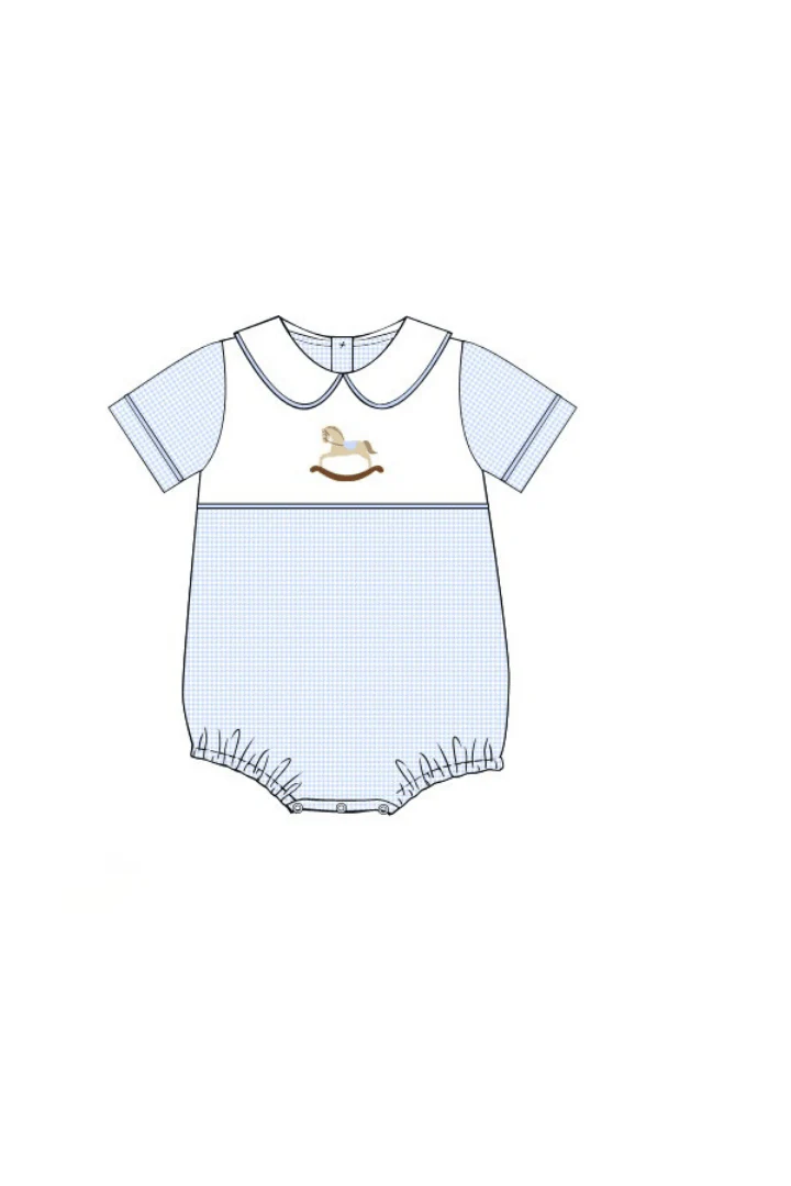 Embroidered Rocking Horse Blue Gingham Knit Bubble - Image 3