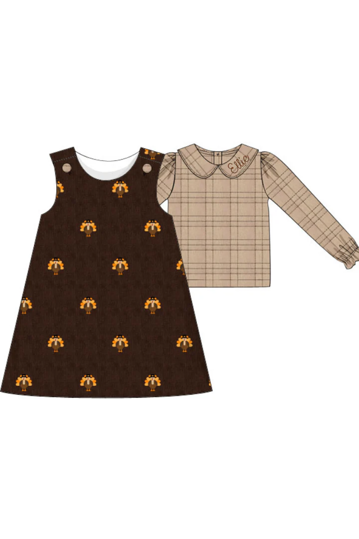 Pre-Order Embroidered  Turkey Fall Flannel and Corduroy 2 Pc Dress