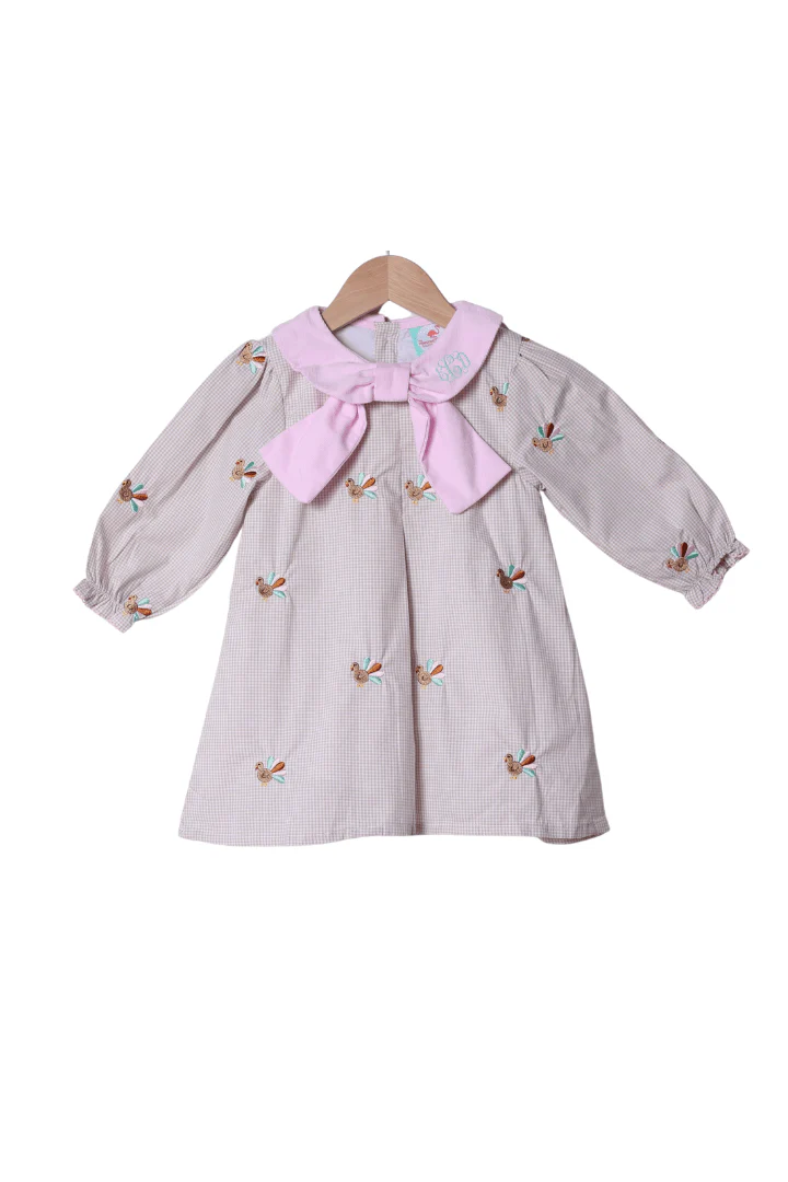 Pre-Order Embroidered Turkey Pink/Khaki Gingham Bow Dress - Image 2