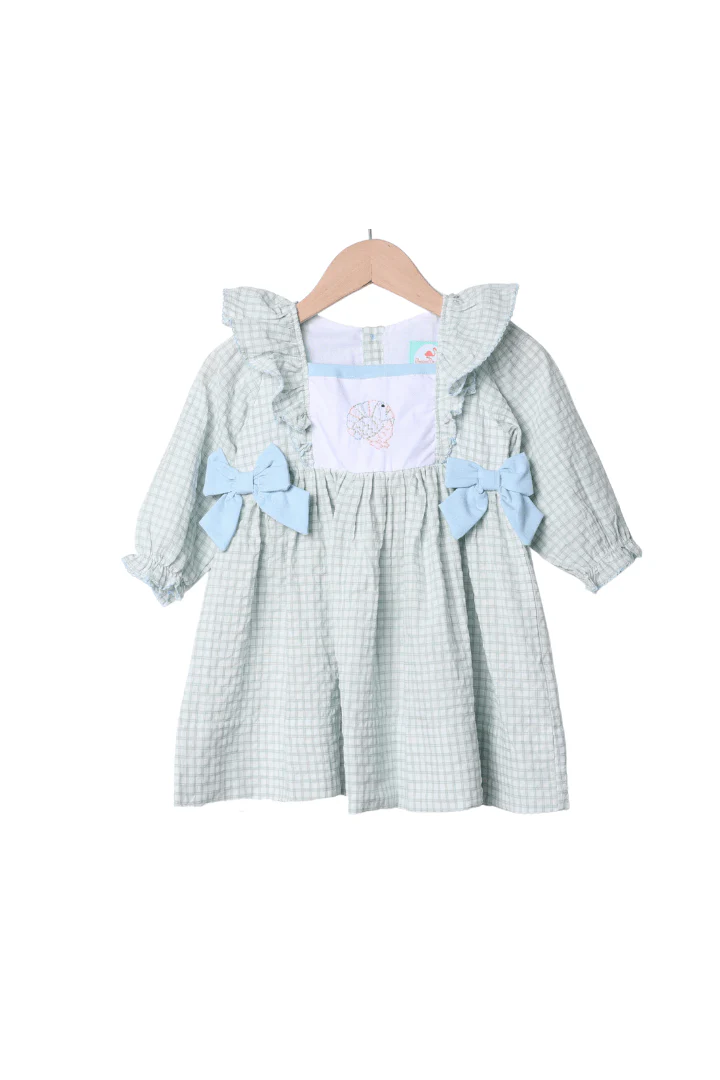 Embroidered Turkey Sage Windowpane/Blue Linen Bow Dress