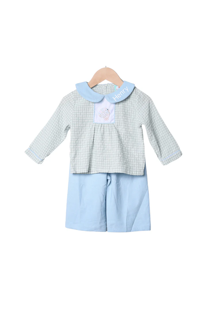 Pre-Order Embroidered Turkey Sage Windowpane/Blue Linen Pant Set - Image 2
