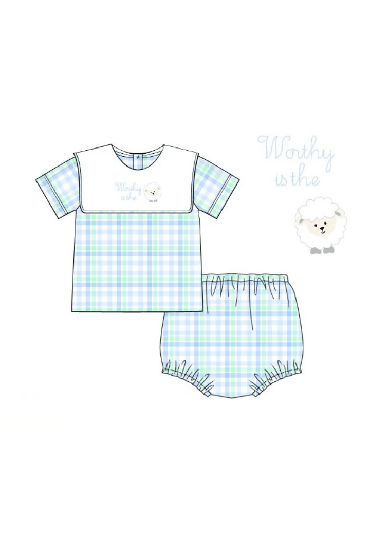 Embroidered Worthy IS the Lamb Swiss Plaid Diaper Set - Image 2
