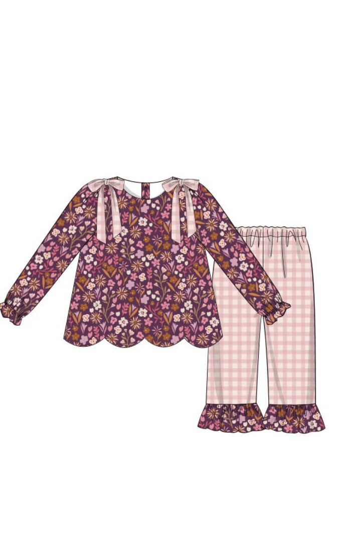 Pre-Order Fall Floral Maroon Scalloped Gingham Pant Set
