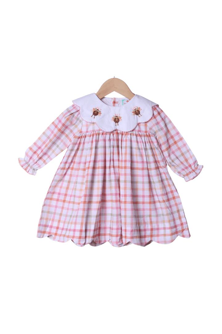 Pre-Order Embroidered Turkey Fall Pink Plaid Dress - Image 2
