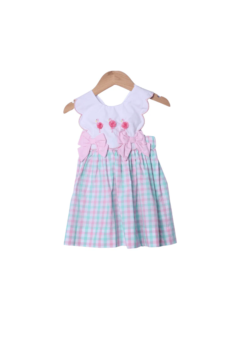 Flamingo Pink and Mint Plaid Bow Dress
