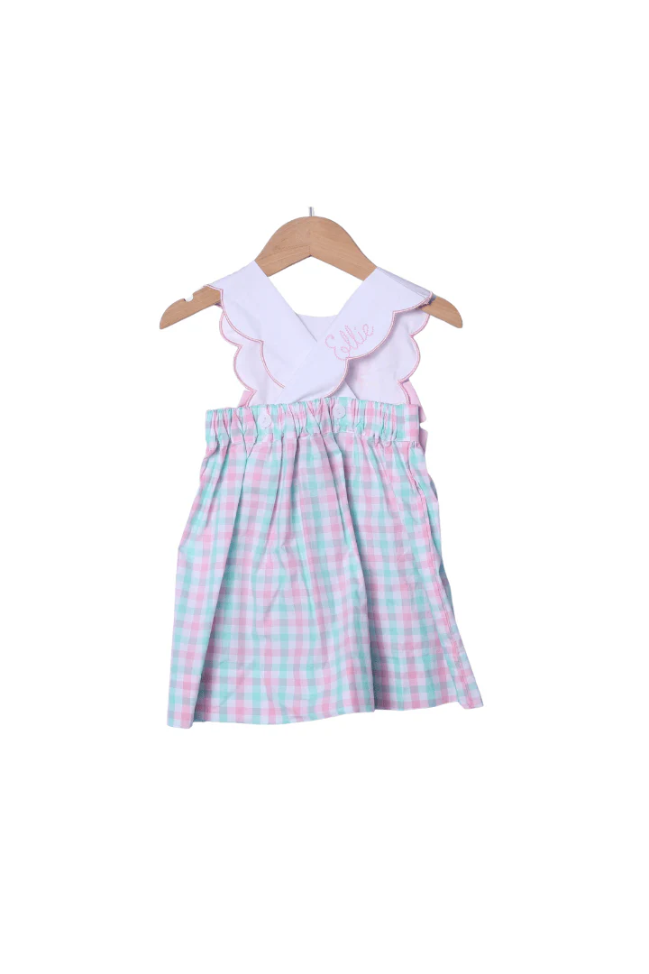 Flamingo Pink and Mint Plaid Bow Dress - Image 2