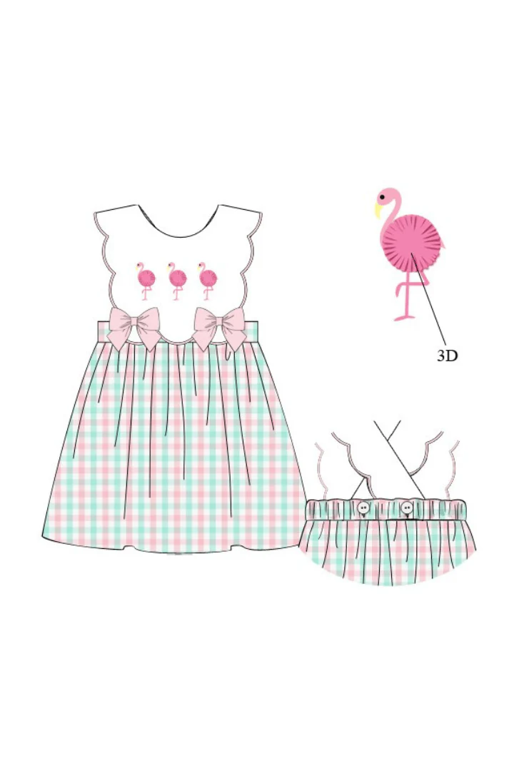 Flamingo Pink and Mint Plaid Bow Dress - Image 3