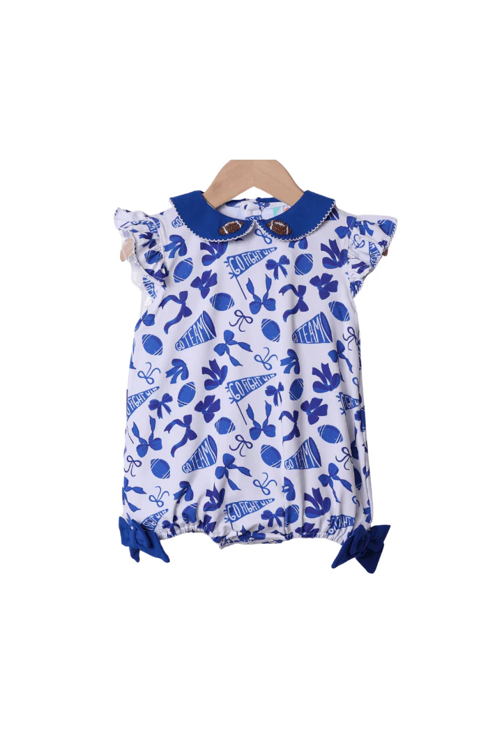 Blue and White Go Team Bow French Knot Football Bubble