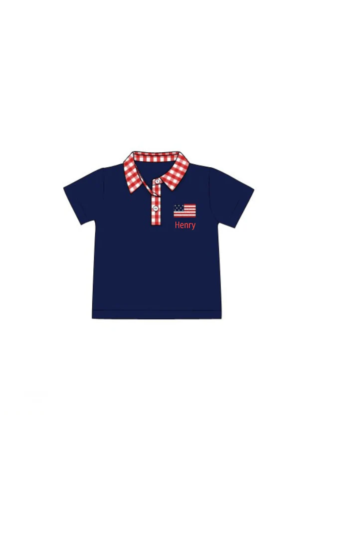 Embroidered American Flag Navy/Red Gingham Knit Polo Shirt - Image 2
