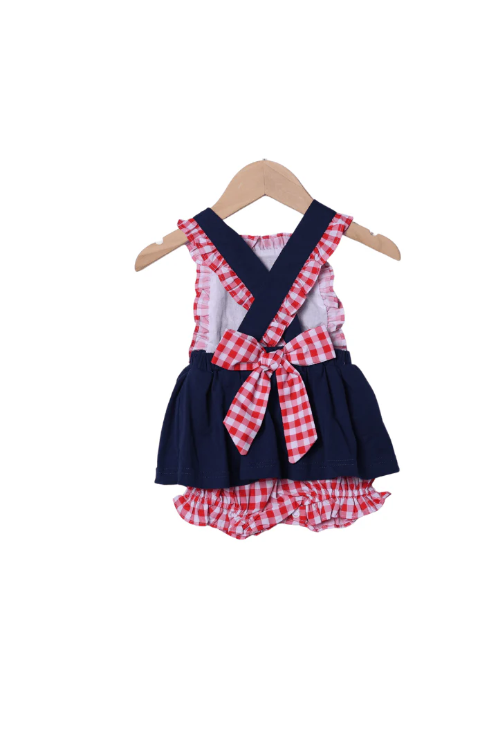 French Knot American Flag Navy/Red Gingham Knit Skirted Bubble - Image 2