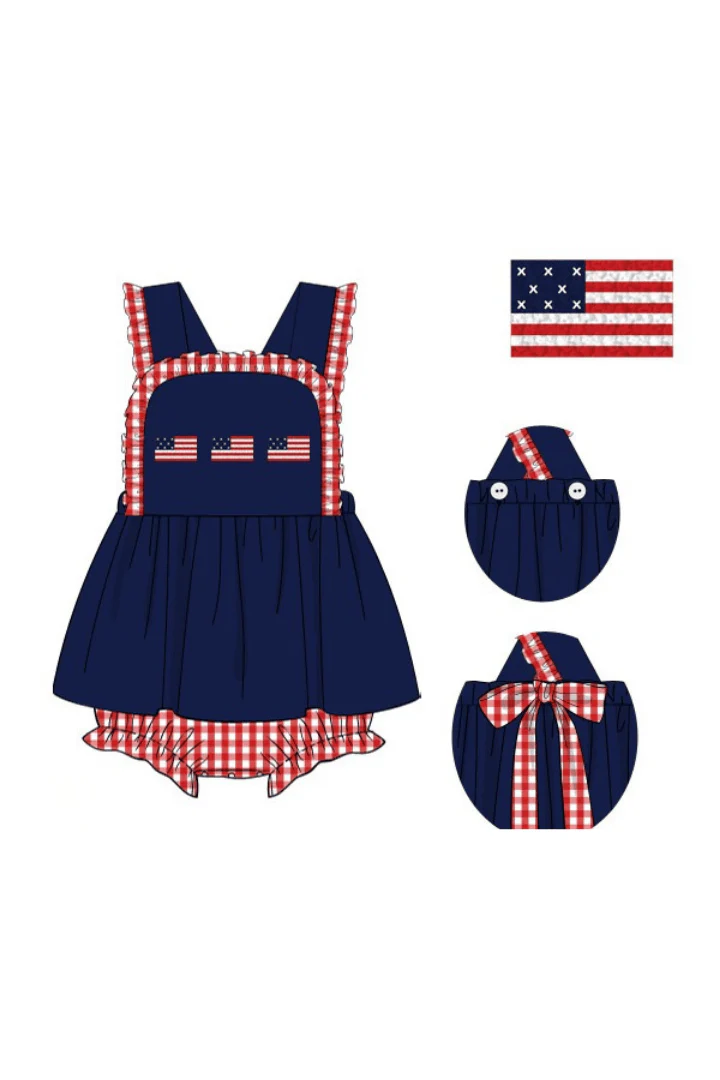 French Knot American Flag Navy/Red Gingham Knit Skirted Bubble - Image 4