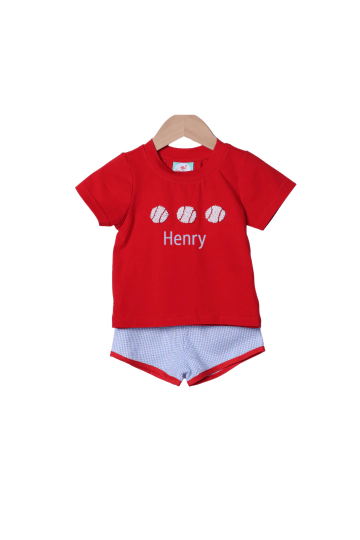 French Knot Baseball Blue Seersucker Short Set