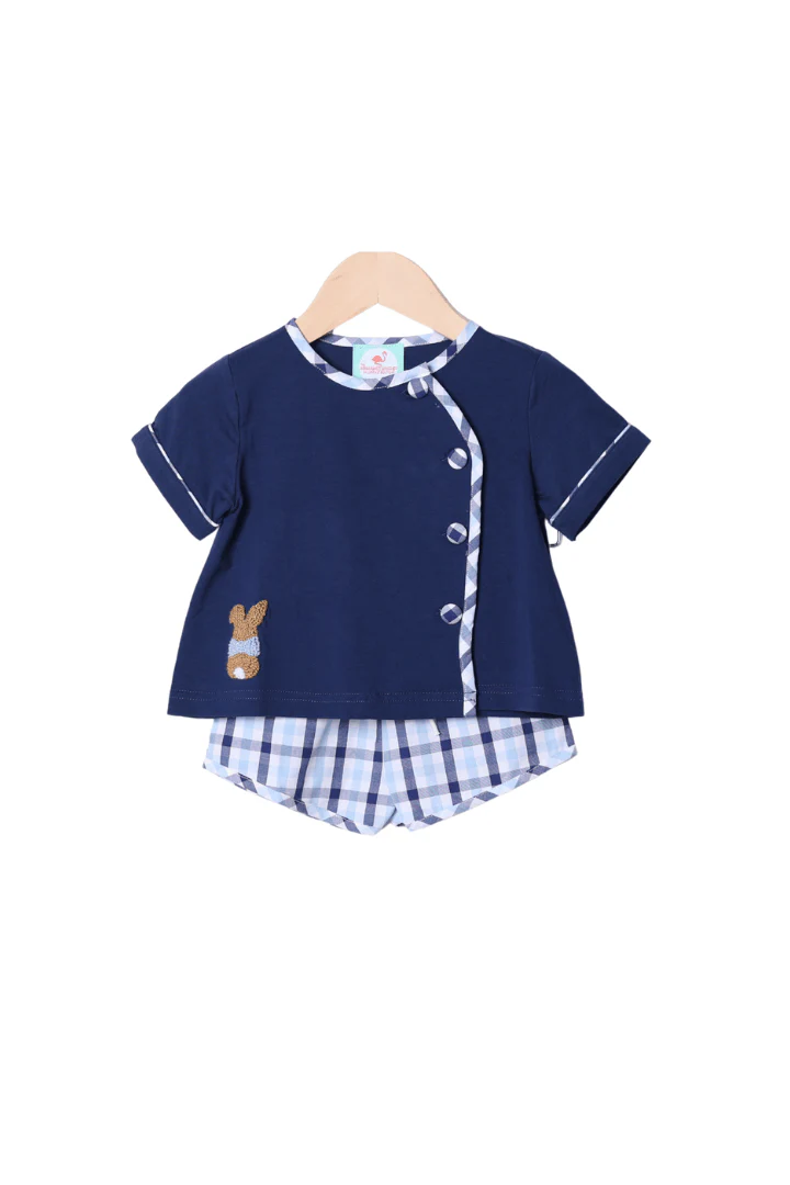 French Knot Bunny Navy Plaid Button Short Set
