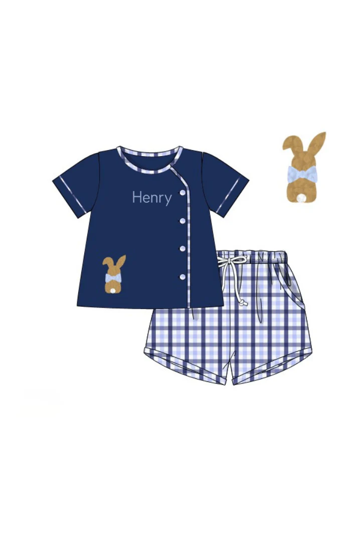 French Knot Bunny Navy Plaid Button Short Set - Image 2