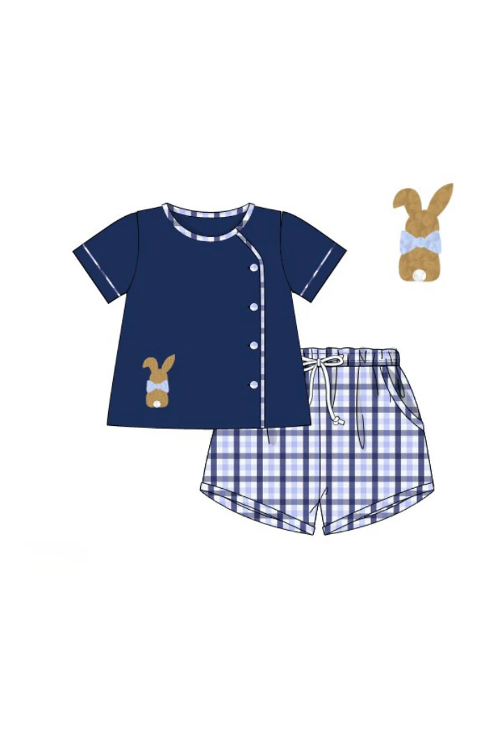French Knot Bunny Navy Plaid Button Short Set - Image 3