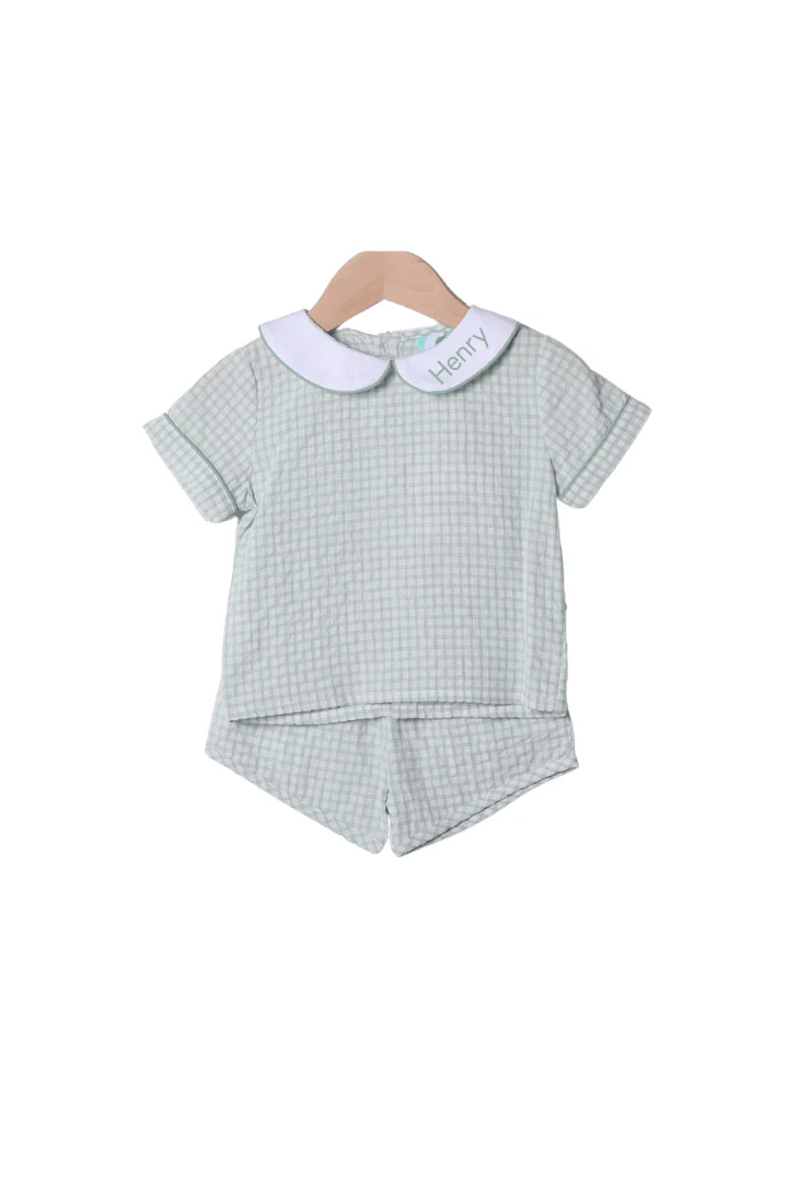 French Knot Bunny Removable Tab Sage Windowpane Short Set